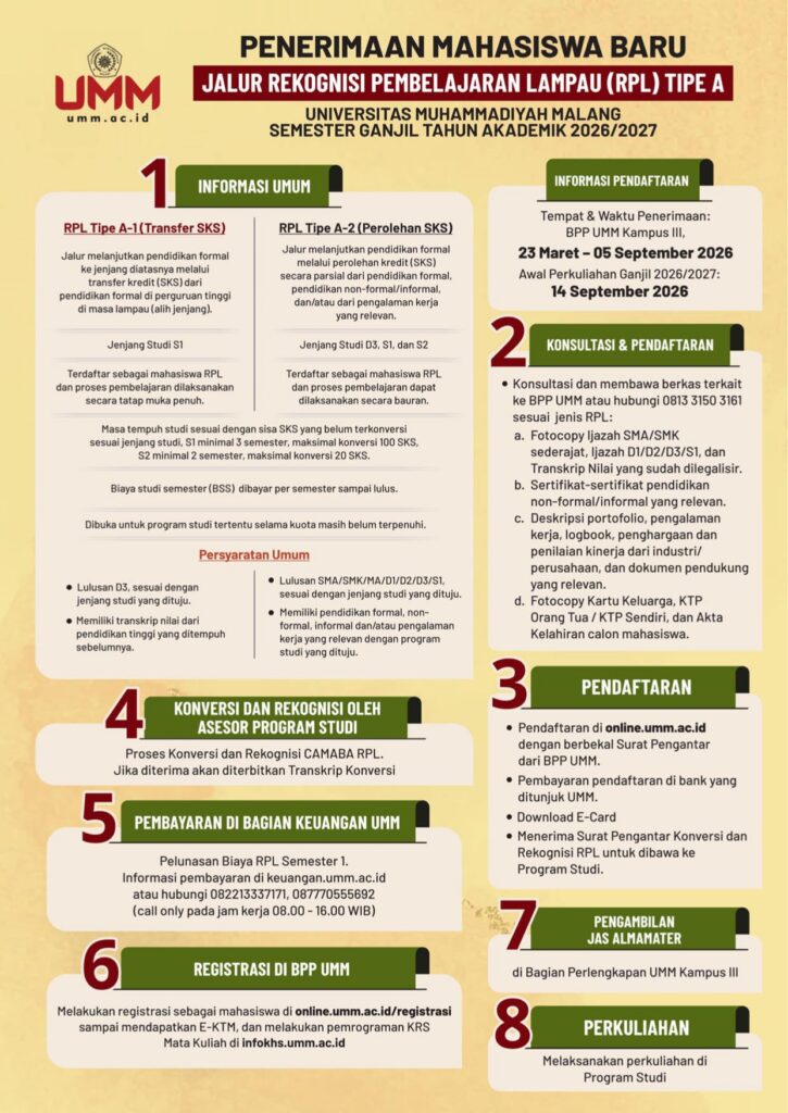 Penerimaan Mahasiswa Baru Jalur Rekognisi Pembelajaran Lampau (RPL) Tipe A TA Ganjil 2026/2027